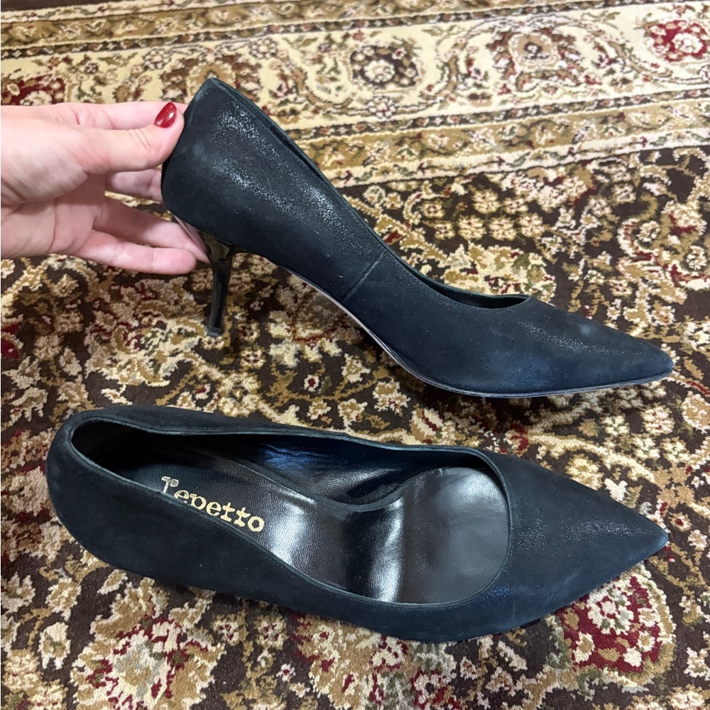 Repetto black suede sparkly pointed toe kitten heel pumps